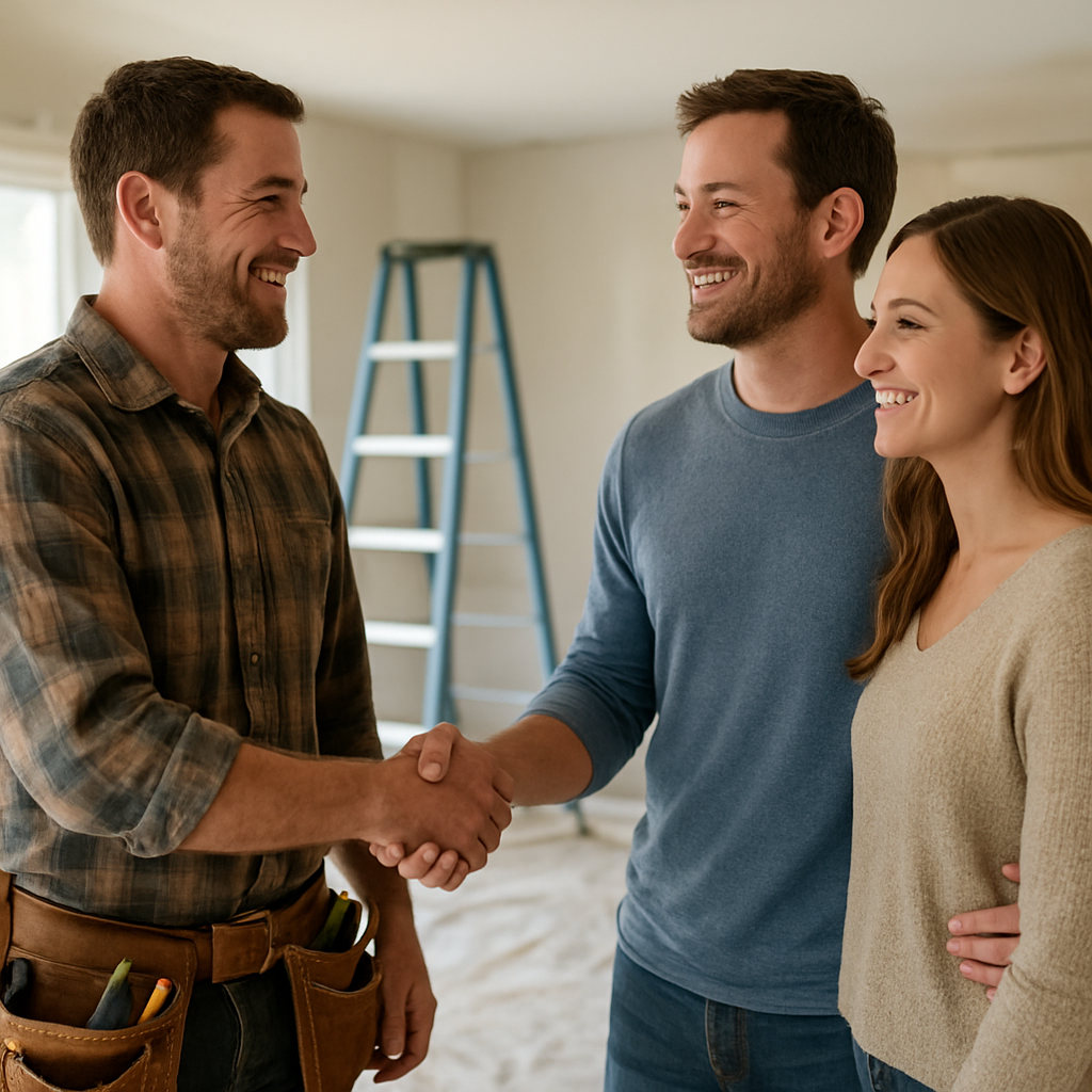 A friendly contractor shaking hands with happy homeowners